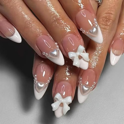 24Pcs White French Tip Press on Nails Medium Almond French Tip Fake Nails-13