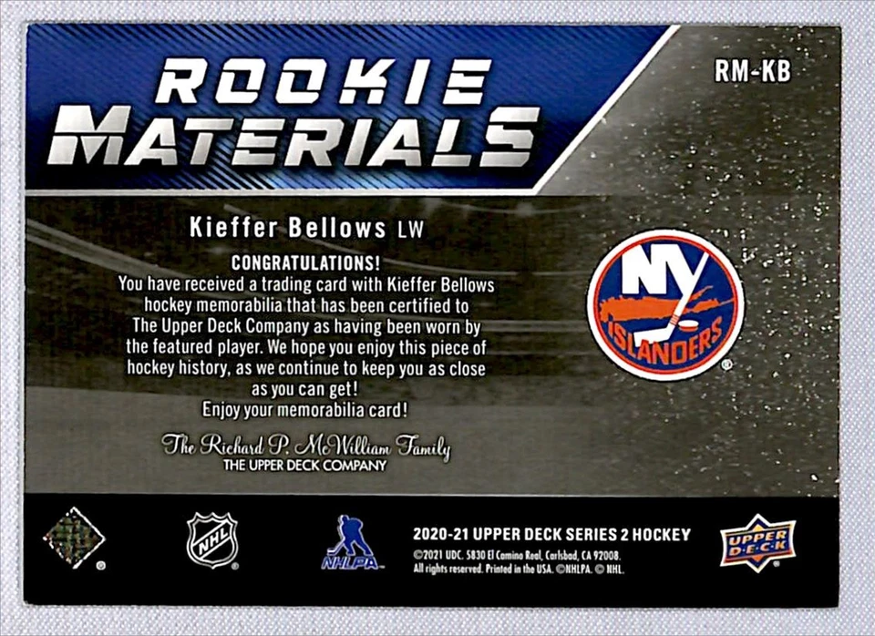 2020-21 Upper Deck Materials Kieffer Bellows Rookie Jersey #RM-KB New York - Image 2 of 2