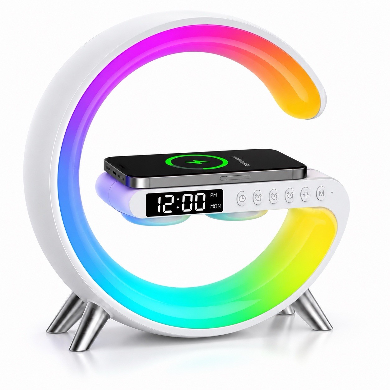 G Shape LED Alarm Clock Bluetooth Speaker Wireless Charger RGB App Control Lamp