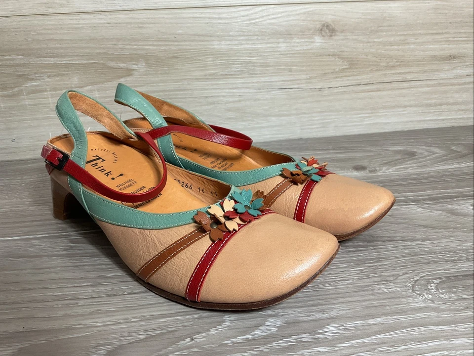 Think! Zapatos Tacones Azul Tostado Rojo Tirantes Floral Talla 41 Retro Foto 2 de 4