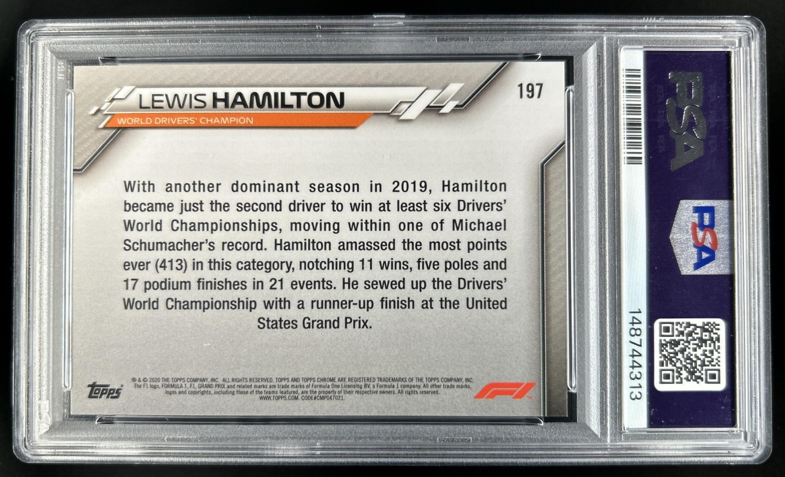 2020 Topps Chrome Sapphire F1 Formula 1 Lewis Hamilton #197 PSA 10 GEM MINT view 2