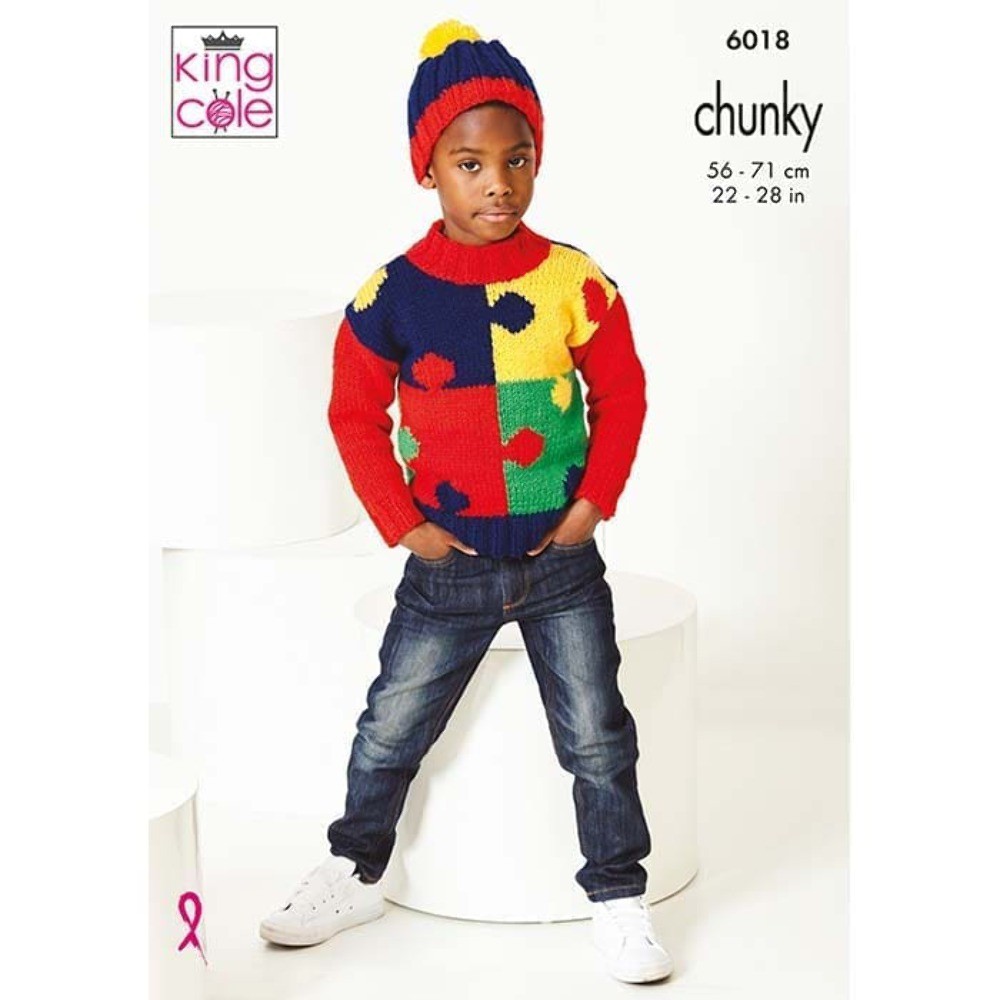 King Cole Chunky Knitting Pattern - 6018 Jigsaw Sweaters & Hat - Image 2