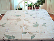 49" x 50" - Off White Cream Green Cotton/Linen Table Cloth Leaves Berries