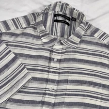 Saks Fifth Avenue Men's L Linen S/S Button Navy Striped Quiet Luxury Old Money