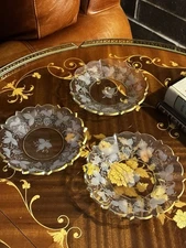 Antique Moser Bohemian Crystal Plates Set of 3 Gold Gilt Etched 19th C 7”