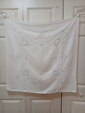 Vtg Linen Tablecloth White With Cutwork  Lt Blue Floral Embroidery 33" 33.5" EU