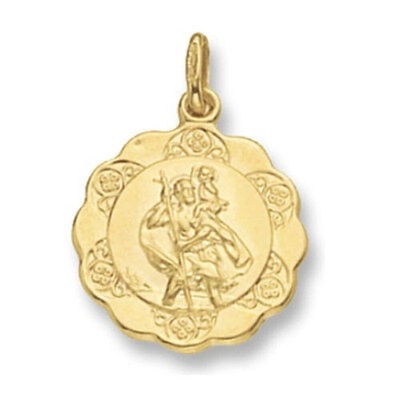Yellow Gold St. Christopher Pendant 20mm Scalloped Edge British Made Hallmarked
