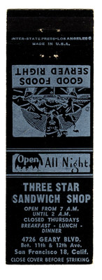 THREE STAR SANDWICH SHOP matchbook matchcover - SAN FRANCISCO, CALIFORNIA