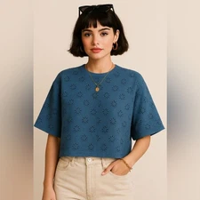 Madewell NWT Embroidered Wide-Sleeve Boxy Tee in Sunfaded Blue Size XXS