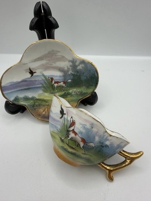 Vintage handbemalte Jagdszene Porzellan Mini Tasse Schale gold vergoldet Hund Vogel