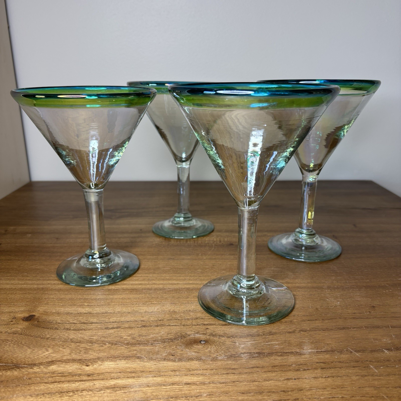 4 Iridescent Mexico Martini Margarita Glasses Glass Blue Green Rim Hand Blown