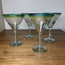 4 Iridescent Mexico Martini Margarita Glasses Glass Blue Green Rim Hand Blown