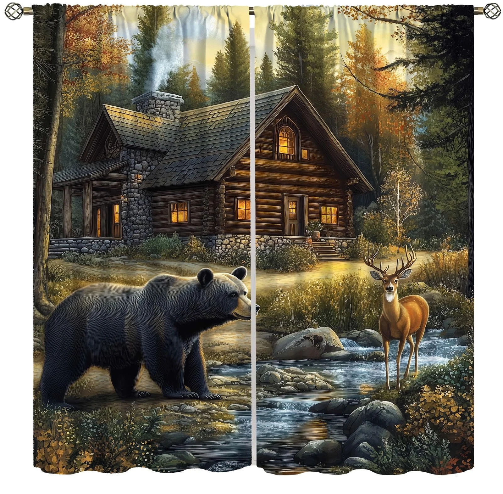 Country Bear Deer Curtains,Vintage Old Forest Hunting Country Cabin Wildlife ...