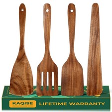 4 PCS Wooden Spatula Set, Natural Teak Wood Utensils, Frying Flat Turner