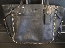Coach Black Pebbled Tote Bag Chain Trim Zip Top w/ Charm, Inner Pockets