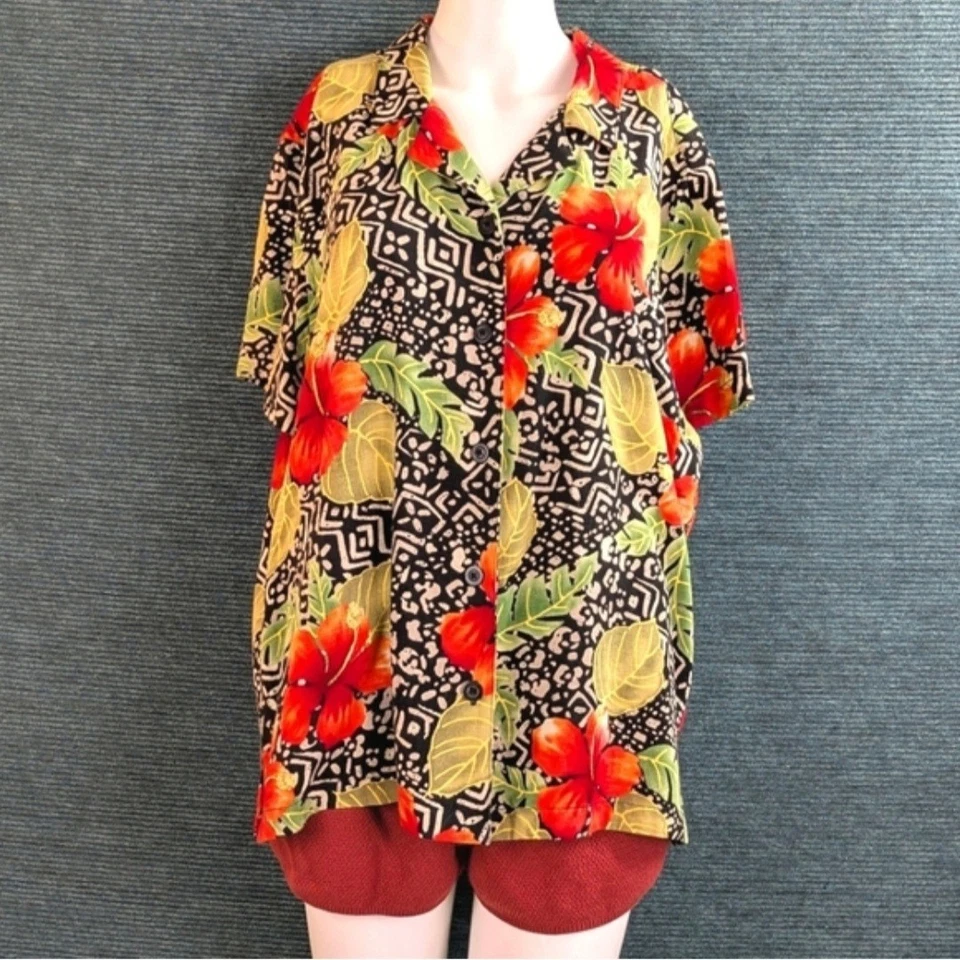 Blusa havaiana vintage anos 90 branca veado brilhante flor de hibisco/fundo preto - Imagem 2 de 4