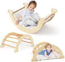 Wooden Ladder Arch for Climbing, 3-In-1 Kids Climber Ladder  Rocker Board W/Cus