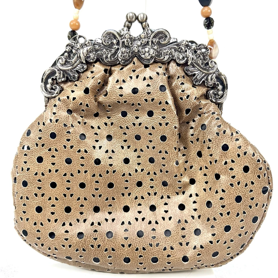 Mary Frances Beaded Flower Butterfly Purse Satin Leather Brown Gray Evening Bag - Image 3 of 4