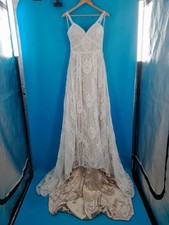 Boho Lace V-Neck A-Line Wedding Dress Nude Lining & Train Size UK 6