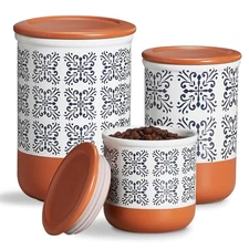 Kitchen Canister Set Ceramic Food Storage Jars Airtight Lids 3-Piece Sugar Fl...