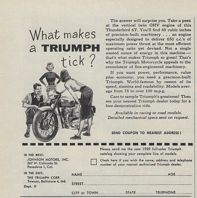 1959 Triumph Motorcycle Ad Thunderbird 6T 650 Vintage Magazine