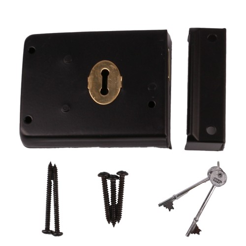 DOUBLE HANDED BLACK RIM DEAD LOCK & 2 Keys 100mm x 75mm Door Deadlock Gate Shed - Picture 8 of 14