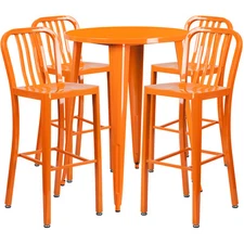 30'' Round Orange Metal Indoor-Outdoor Restaurant Bar Table Set w/ 4  Barstools