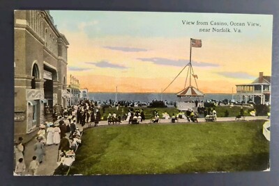 Norfolk Virginia Casino Ocean View with People in Vtg Clothes Postcard