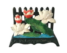 Vintage Cast Iron Napkin Holder Black Fence Red White Flowers