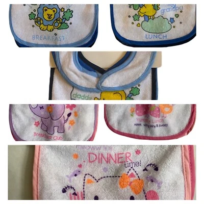 NURSERY TIME Boy Girl PEVA backed Bibs Baby Feeding Dribble 3 PACK Set Breakfast Lunch Dinner