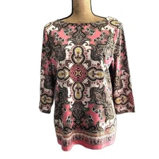 Charter Club Pink Paisley Blouse Boat Neck Nylon Stretch Size Petite Large