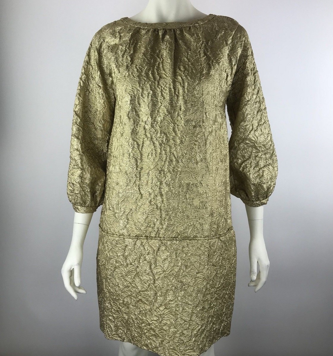 VERA WANG Gold Brocade Linen Silk Drop Waist Bishop Puff Sleeve Dress  Women's 4
