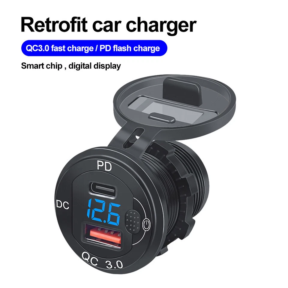 QC 3.0+PD Dual USB Socket Charger+LED Voltmeter+Power Outlet for Car Boat 12/24V - Image 2 of 4