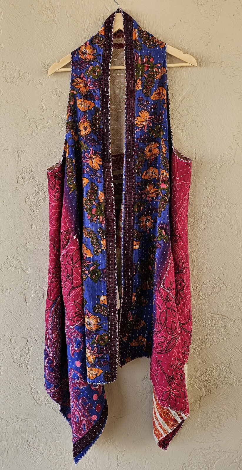 Vintage Upcycled KANTHA Reversible Kimono Long Blanket Vest w Pockets BOHO OS-2X