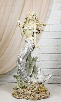 Large 15''H Vintage Sea Queen Ariel Mermaid Holding Starfish By Coral Reef Statue