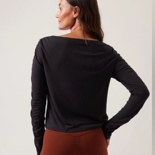 Athleta All Around Ruched Tshirt Long Sleeve Cropped Women's Medium Black Casual - Picture 2 of 8