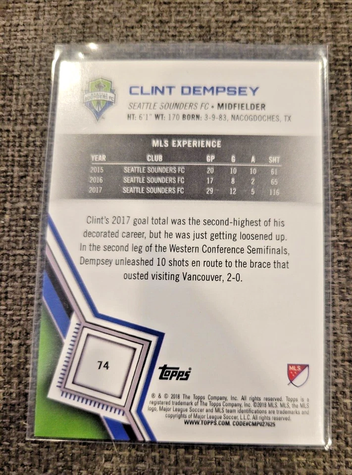 2018 Topps MLS Soccer Short Print #74 Clint Dempsey - Image 2 of 2