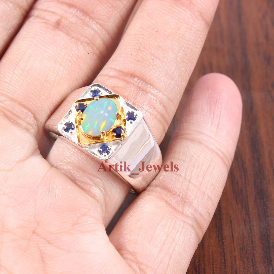 Fire Opal & Heated Sapphire With 14K White Gold Plated Silver Men's Ring #561 - Image 2 of 4