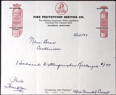 1949 Fire Extinguisher Illustrated Fire Prevention Service Co Billhead ELLERSLIE