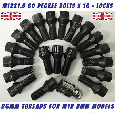 Schwarze Radschrauben + Schlösser passt BMW E30 E36 E46 E90 E91 E92 M12x1,5 26 mm Legierung