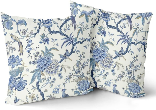 Chinoiserie Pillow Covers Set of 2 Blue and White Outdoor Pillows Bule Birds Flo - Picture 2 of 12