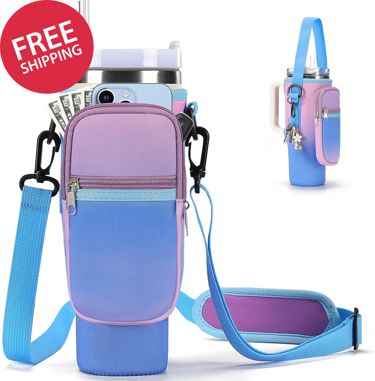 Carrier Bag For 40/30 Oz Tumbler Neoprene Sleeve Phone Pocket Strap