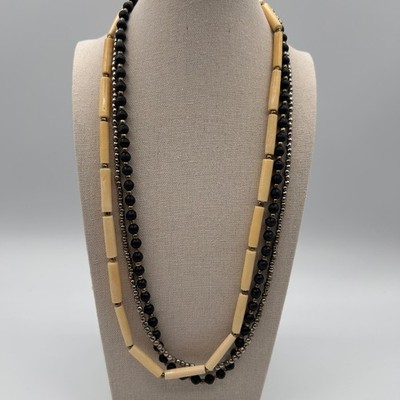 Vintage Multi Strand Beaded Necklace Cream Bone Black Lava Rock Silver Tone Boho