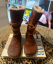 UGG Catalina Brown Leather Shearling Mid-Calf Boots Lined Lace Up Round Toe US 7
