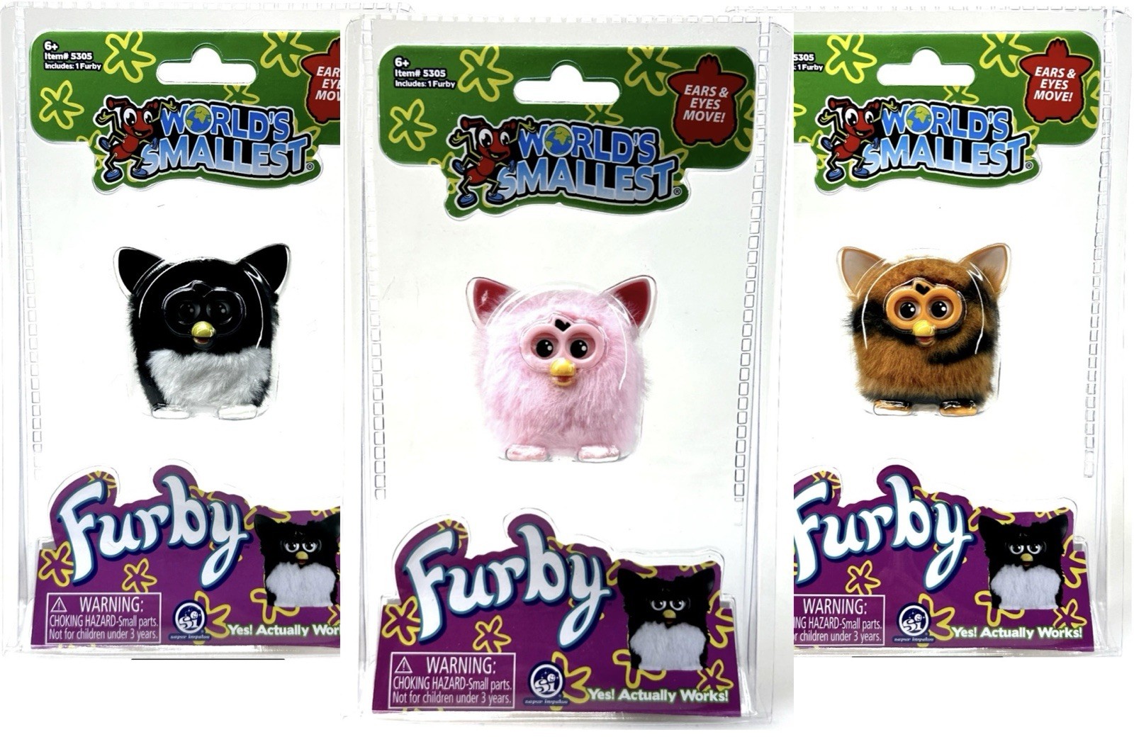 Worlds Smallest FURBY Brown Striped, Black/White, Pink Mini 2.25" Figure Toy