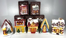 Vtg Taiwan Holiday Village 5 Pc Hand Painted Ceramic Candle Holders JSNY w/Boxes