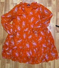 Vince Camuto XL Orange Floral Boho Tiered Dress Long sheer Sleeve Ruffle Flowy