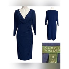 Lauren Ralph Lauren dress 16 blue Long Sleeve V-Neck Ruched faux wrap Sheath