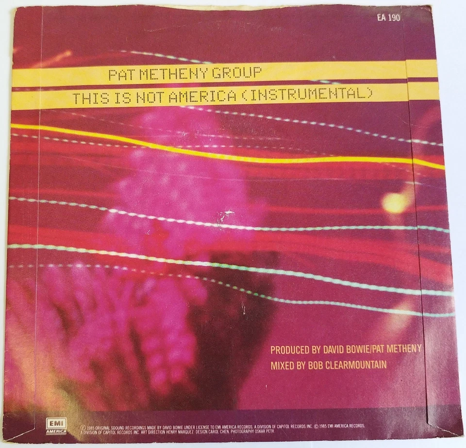 David Bowie Pat Metheny Group This Is Not America 7" Vinyl 45rpm EMI EA190 - Image 4 of 4