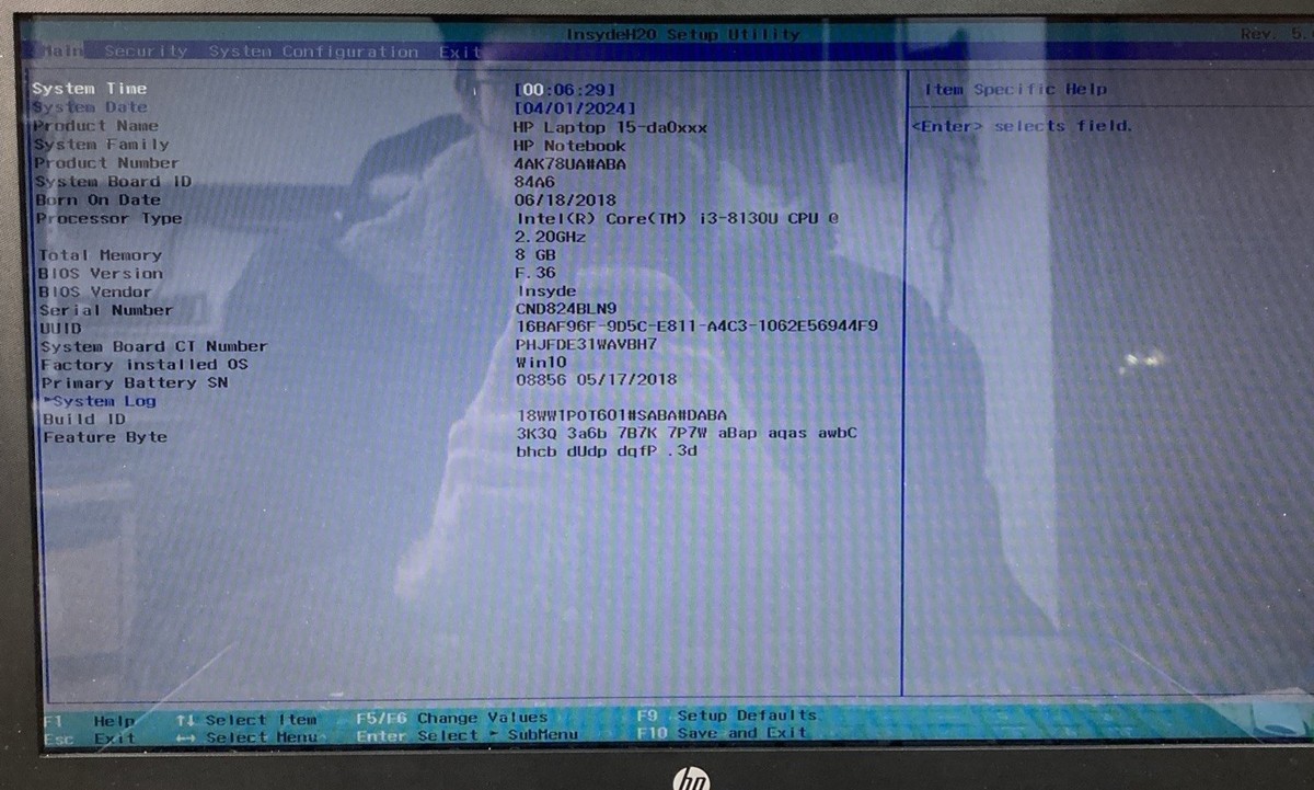 HP 15-DA0033WM | INTEL CORE I3-8130U 2.20GHZ no RAM/HDD NO OS Boot